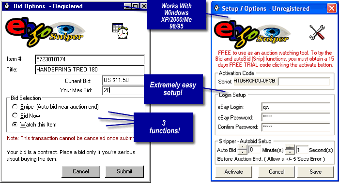 ebay auction sniper - Sniper and Setup screenshoots