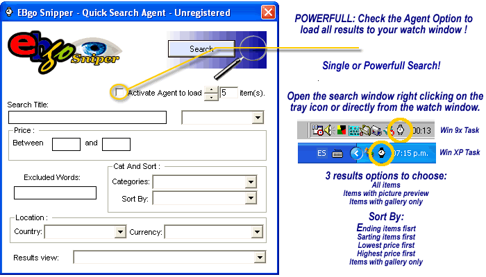 ebay auction sniper - search agent screenshoots